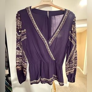 Free People deep purple embroidered beaded peplum top balloon sleeve blouse